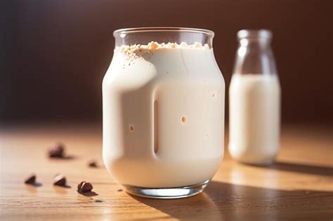 Premium Photo A Glass Of Almond Milk With A Bottle Of Almond Milk On