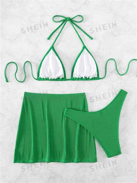 Shein Swim Ribbed Bikini Set Halter Triangle Bra And High Cut Bottom