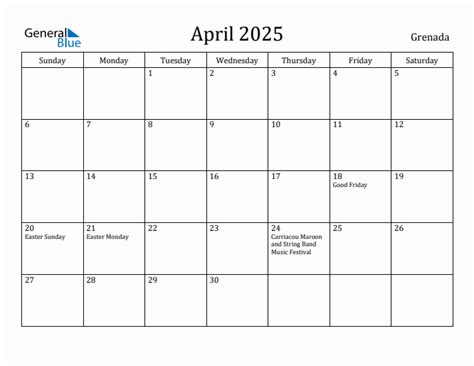 April 2025 Monthly Calendar with Grenada Holidays