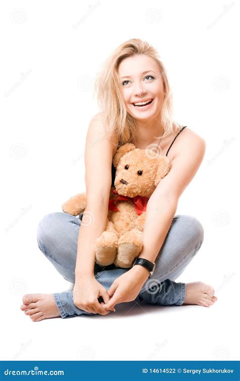 Cheerful Blonde With A Teddy Bear Stock Photo Image Of Adult Isolated 14614522