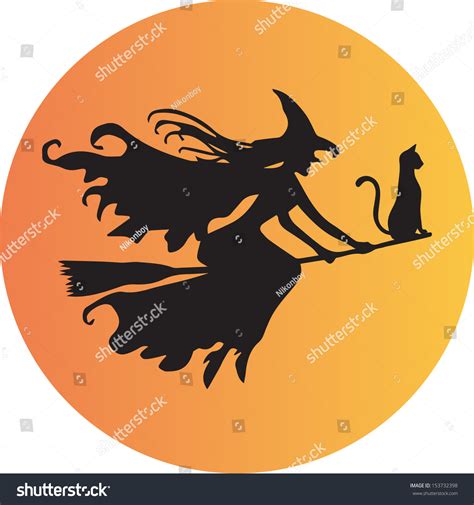 Witch Her Cat On Broomstick Flying Stock Vector Royalty Free