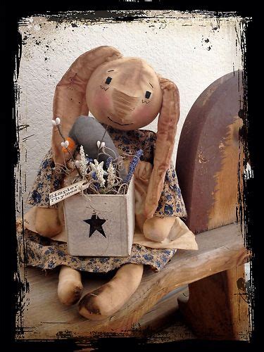 Primitive Girl Bunny Rabbit Raggedy Doll Prim Box With Flowers And