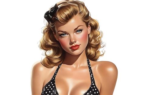 Portrait Of A Beautiful Woman With Blonde Hair And A Black And White Polka Dot Bikini Premium