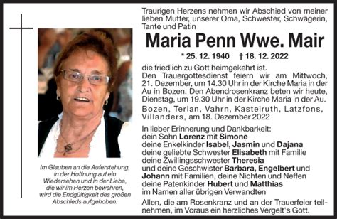 Traueranzeigen Von Maria Mair Trauer Bz