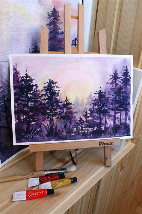 Landscape Original Aquarella Painting Sunrise In The Forest