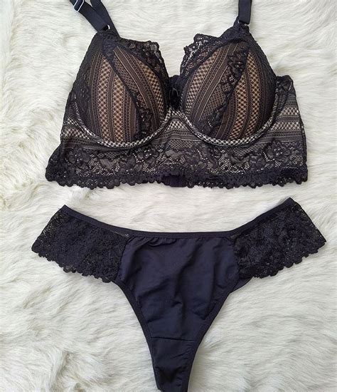 Lingerie conjunto de sutiã e calcinha renda preto e bege Viva Diva