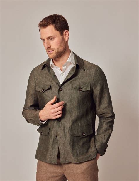 Men S Dark Green Linen Shirt Jacket Collection