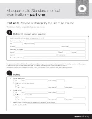 Fillable Online Macquarie Life Standard Medical Examination Part One