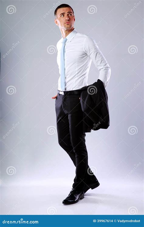 Pensive Business Man Holding Jacket Stock Photo Image Of