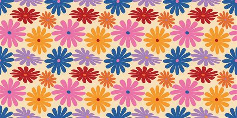 Groovy Daisy Flowers Seamless Pattern Floral Vector Background In