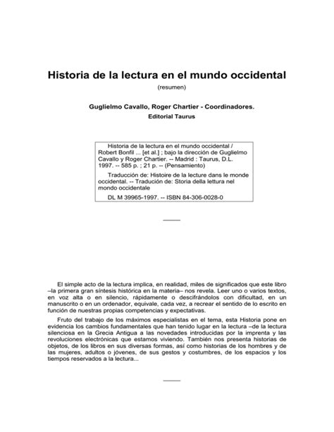 Historia De La Lectura En El Mundo Occidental