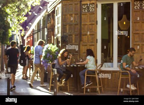 Madrid Spain July 1 2022 People Sitting On A Sunny Terrace Of A Cafe