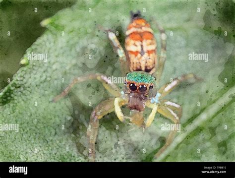 Watercolor Picture Of Colorful Jumping Spider With Prey On Green Leaf