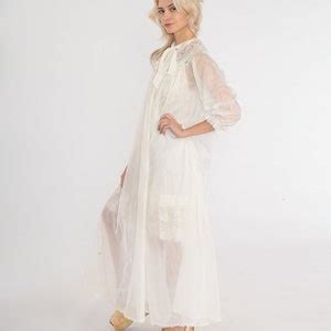 Sheer White Robe S Long Lingerie Jacket Lace Trim Kimono Maxi Peignoir Bohemian Button Up Open