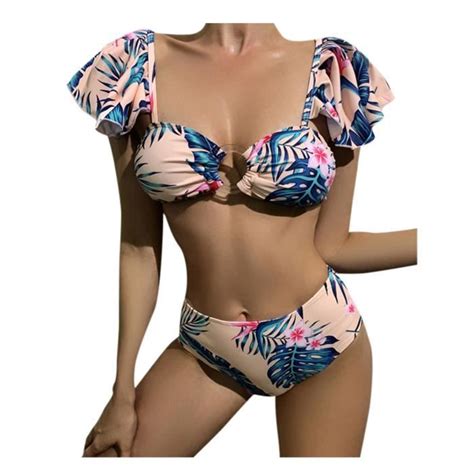 Bikini Maillot de bain femme sexy taille haute à col en V et imprimé bloc de couleur Rose