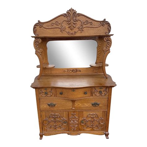 Antique Golden Oak Buffetsideboard With Beveled Mirror Carvings Chairish