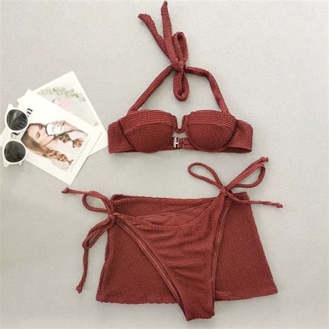 3 In 1 Bikini With Skirt Push Up Two Piece Swimsuit With Cover Up Beach Wear Lazada PH