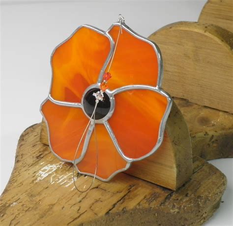 Poppy Flower Stained Glass Suncatcher Orange Poppy Flower Etsy