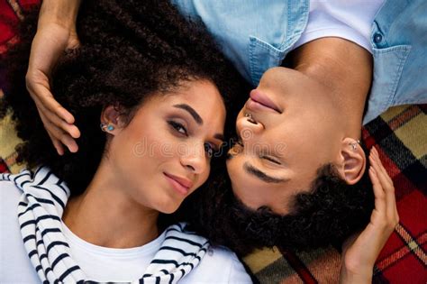 High Angle View Portrait Of Idyllic Nice Partners Laying Blanker Closed