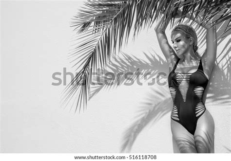 Sexy Tanned Model Elegant Bikini Sunglasses Stock Photo