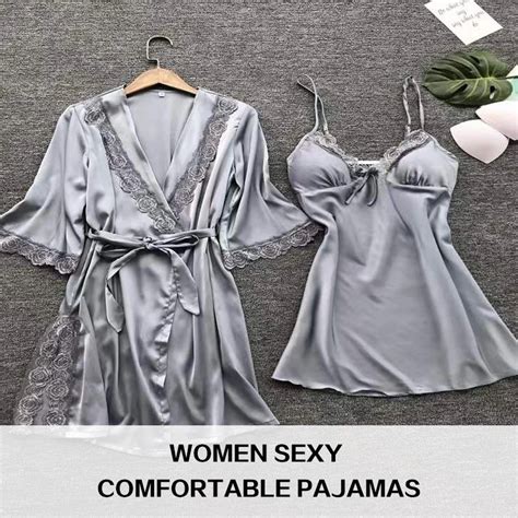 Pcs Woman Sexy Pajamas Sleepwear Lace Robe And Pants Lingerie Bathrobe Silk Satin Home Clothed