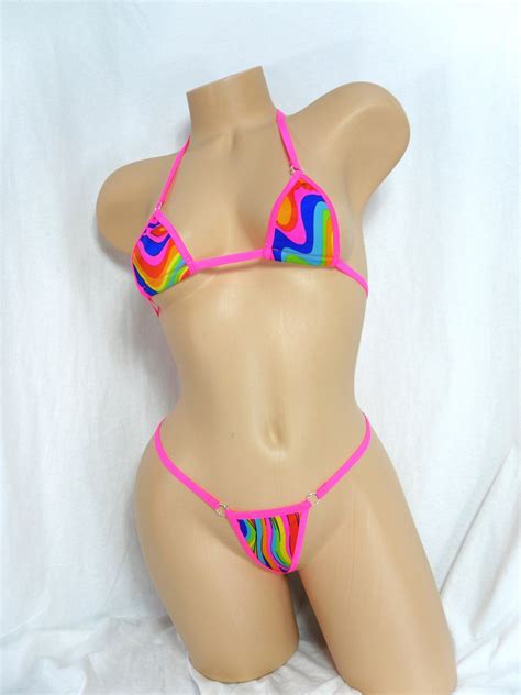 Mini Micro G String Bikini Wavy Rainbow With Hot Pink Trim S M Etsy