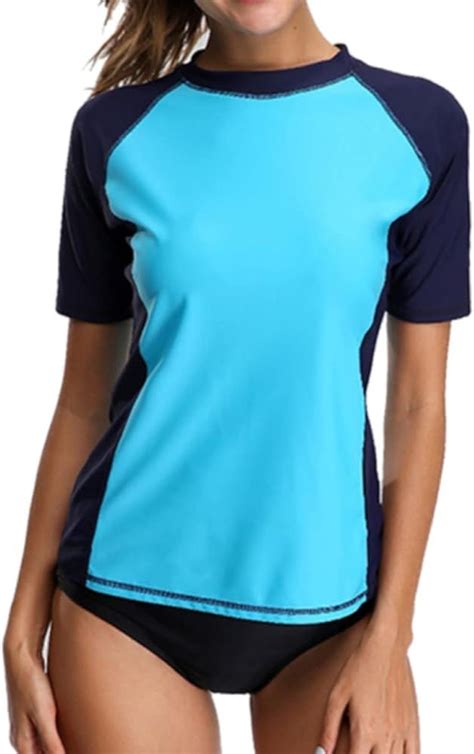 Charmleaks Ladies Sports Rash Vest Short Sleeve Rashguard Swimwear Tops Blue L Uk