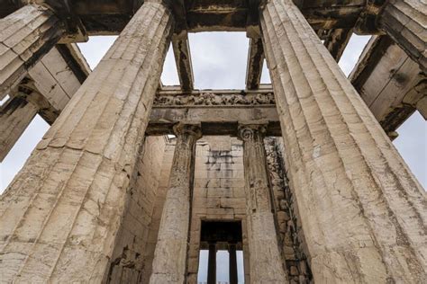 view temple hephaestus columns athens stock