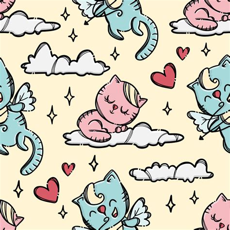 Pussy On Cloud Valentine Seamless Pattern Vector Illustration Vector Art At Vecteezy