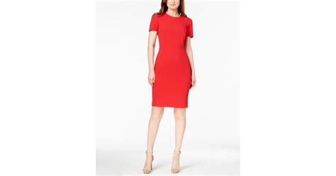 Calvin Klein Synthetic Seamed Scuba Crepe Sheath Dress In Red Lyst