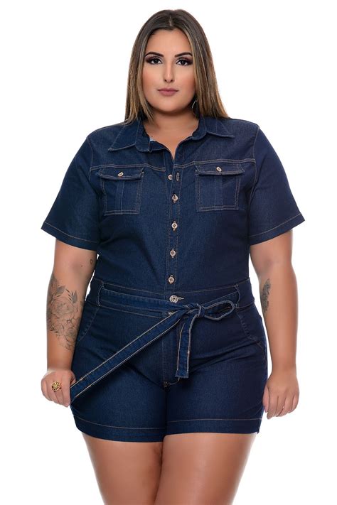 Macaquinho Jeans Plus Size Mec Nico Vk Moda Plus Size