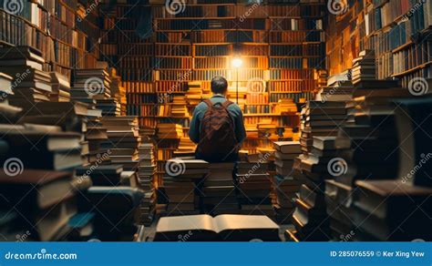 Person Sitting In A Library Surrounded By Books Stock Illustration