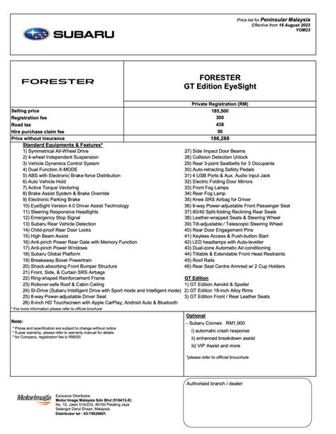 Pricesheet Forester Gt Edition Pm Aug Bm Paul Tan S