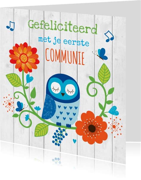 Felicitatie Communie Uiltje Blauw Happy Birthday Fun Birthday