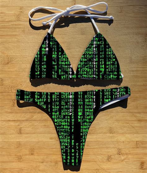 Swimwear Bikini 2 Piece Set Matrix Pattern Thong Cheeky Or Full Coverage Triangle String Tie Top