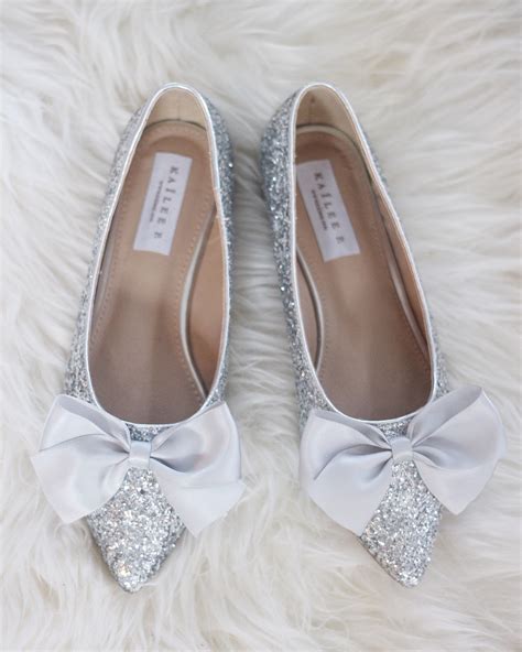 Silver Rock Glitter Pointy Toe Flats With Oversized SATIN BOW, Women