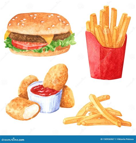 Fastfood Clipart Set, French Fries, Hamburger, Chicken Nuggets Stock Illustration - Illustration ...