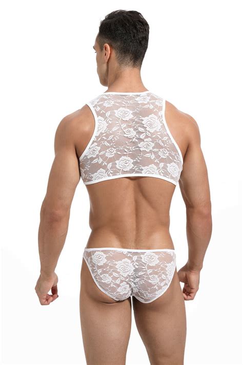 Men S Lingerie Set Lace Floral Crop Top Sheer Panties Sissy Crossdress
