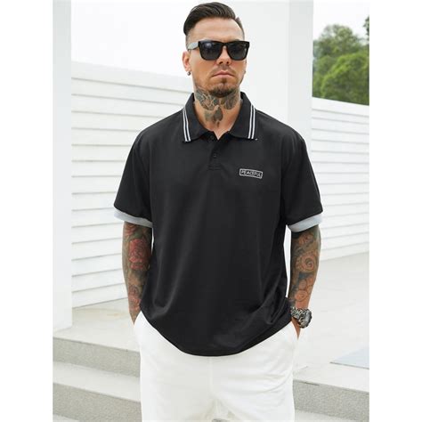 Extended Sizes Men Letter Graphic Contrast Trim Polo Shirt