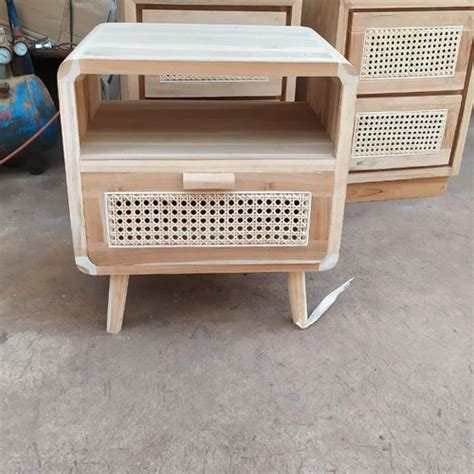 Jual Meja Nakas Bedside Table Laci Kayu Jati Solid Kombinasi Rotan