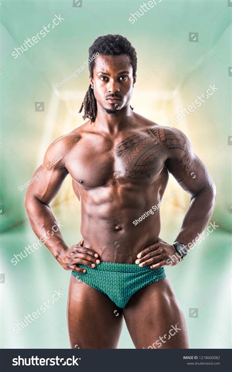 African American Bodybuilder Man Naked Muscular Stock Photo