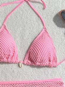 Swim Mod Peças Conjunto Maiô Bikini Top Decote Halter e Amarração Atrás Short de Natação