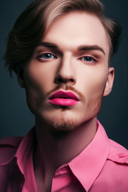 Premium AI Image Transgender Gay Man With Pink Lipstick Lips Male Bearded Face With Makeup