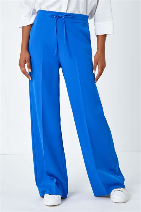 Royal Blue Wide Leg Tie Front Stretch Trouser Roman Uk