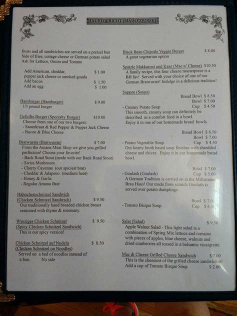 Menu At Millstream Brau Haus Restaurant Amana