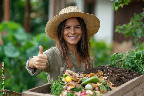 Smiling Modern Brunette Hair Woman In Straw Hat Gives Thumb Up Near Compost Heap In The Garden