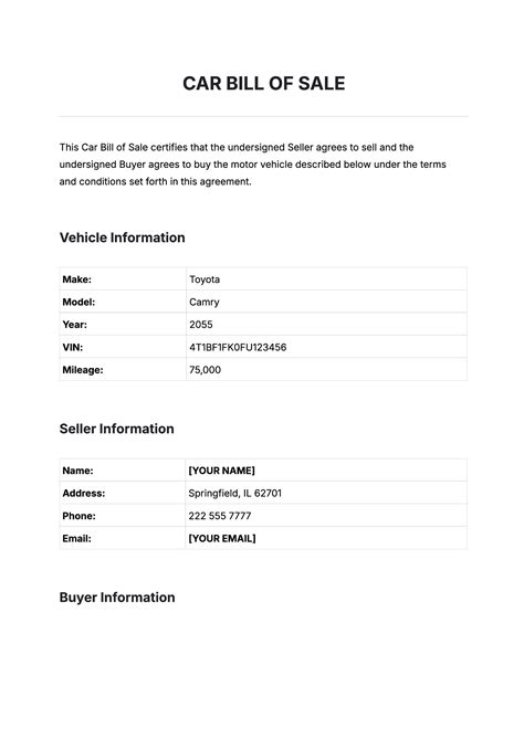 Free Car Bill of Sale Template to Edit Online