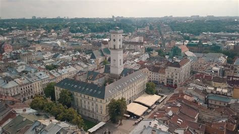 Aerial drone footage of european city Lviv, Ukraine. Flight above