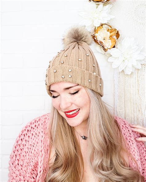 Beanie Crystal Studded Nude Knit Beanie With Pom Pom