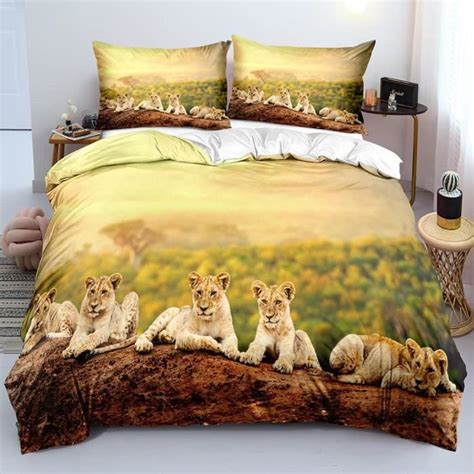 Housse De Couette Lion Jaune Parure De Lit Avec Fermeture Clair Doux